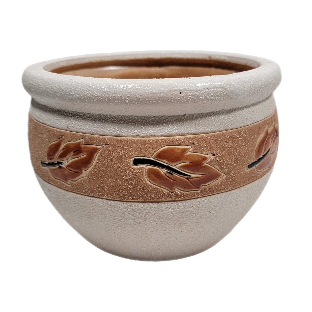 Enamel Planter Pottery Leaf Design 5"x7" White Peach